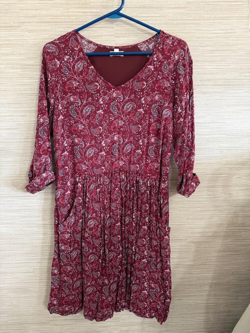 Garnet Hill Women’s Burgundy Paisley V-Neck Dress Long sleeve front pockets 4
